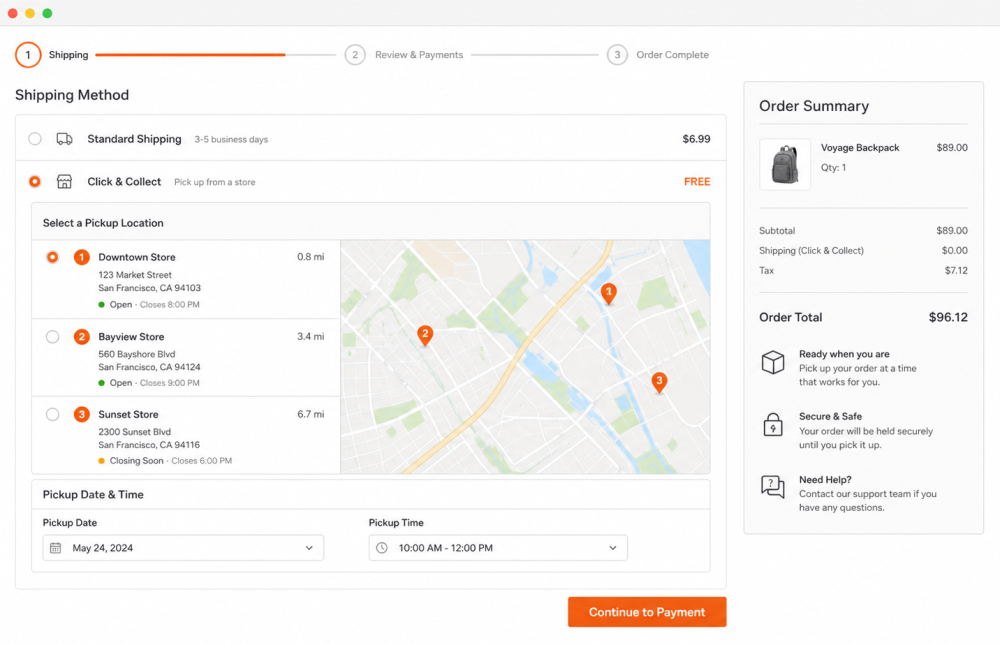 Click and Collect checkout pickup selection