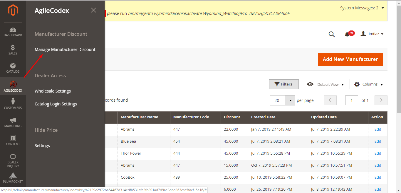Magento 2 Manage Manufacturer Discount menu