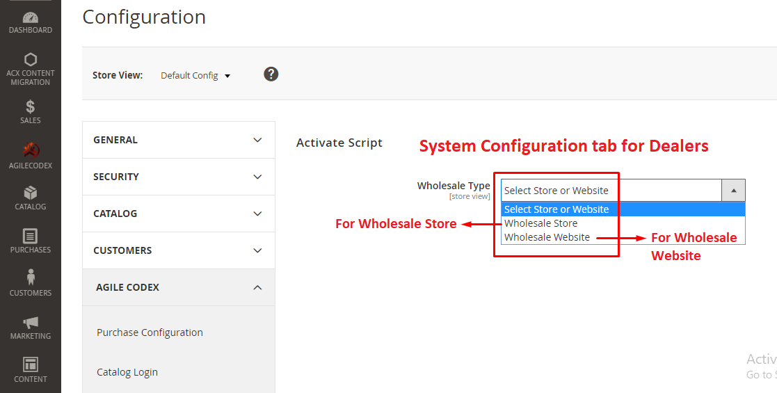 Select wholesale website mode and configuration