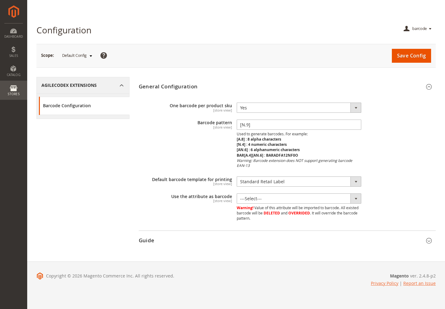 Magento 2 barcode extension configuration