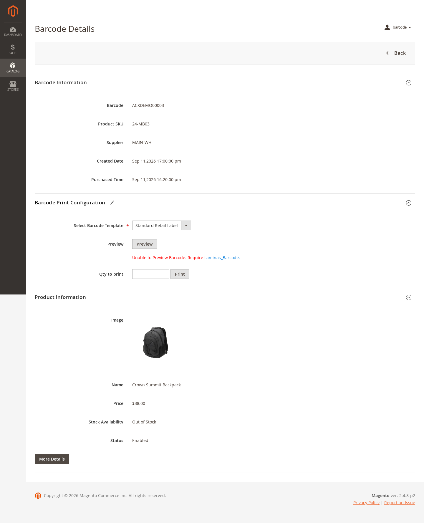 Magento 2 barcode detail page