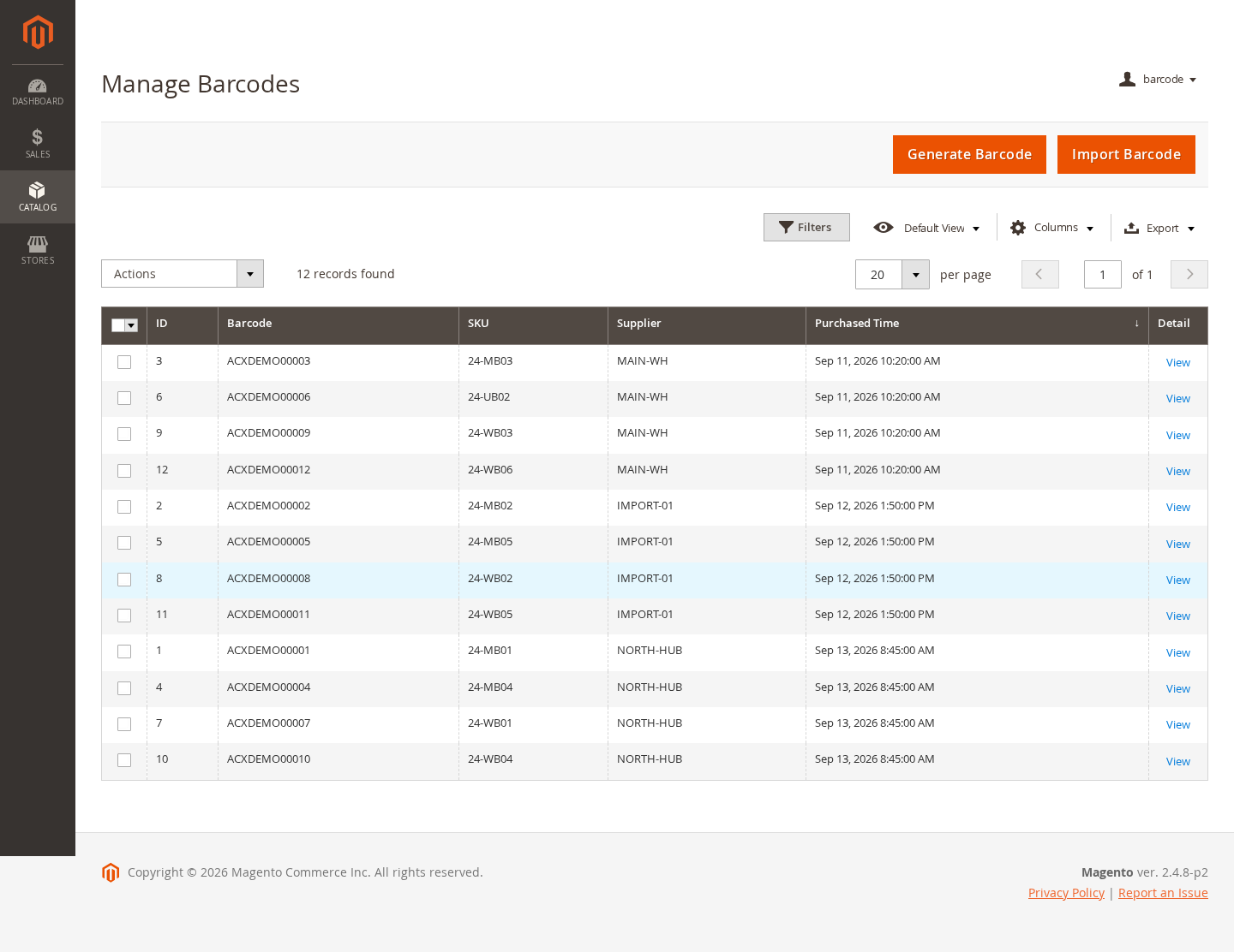 Magento 2 barcode management grid