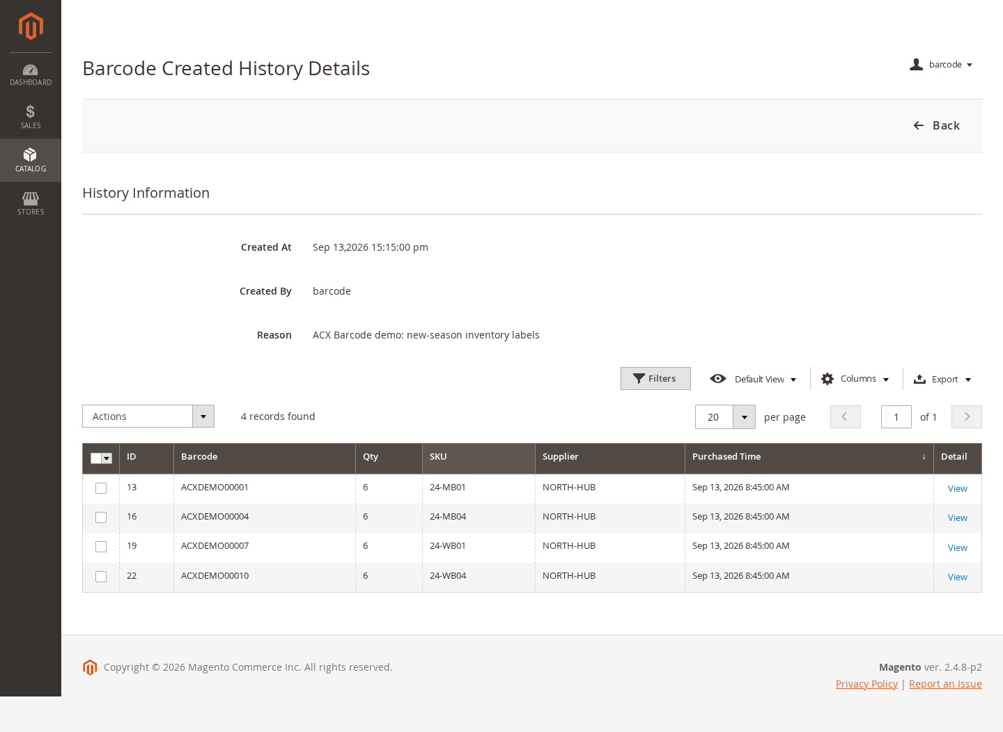 Magento 2 barcode generation history detail