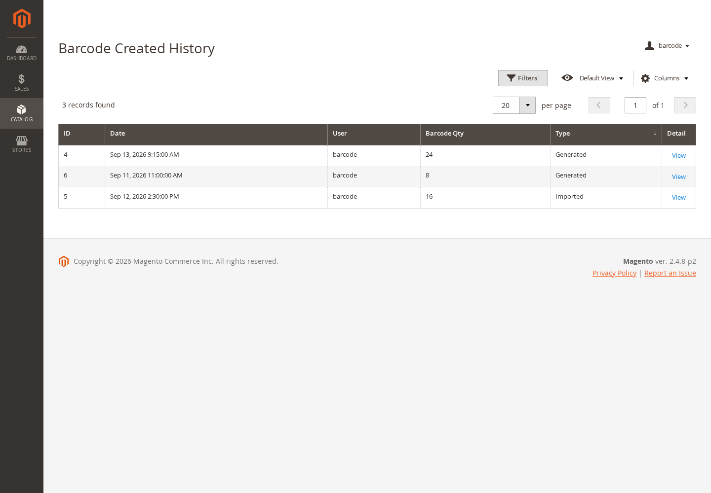 Magento 2 barcode generation history
