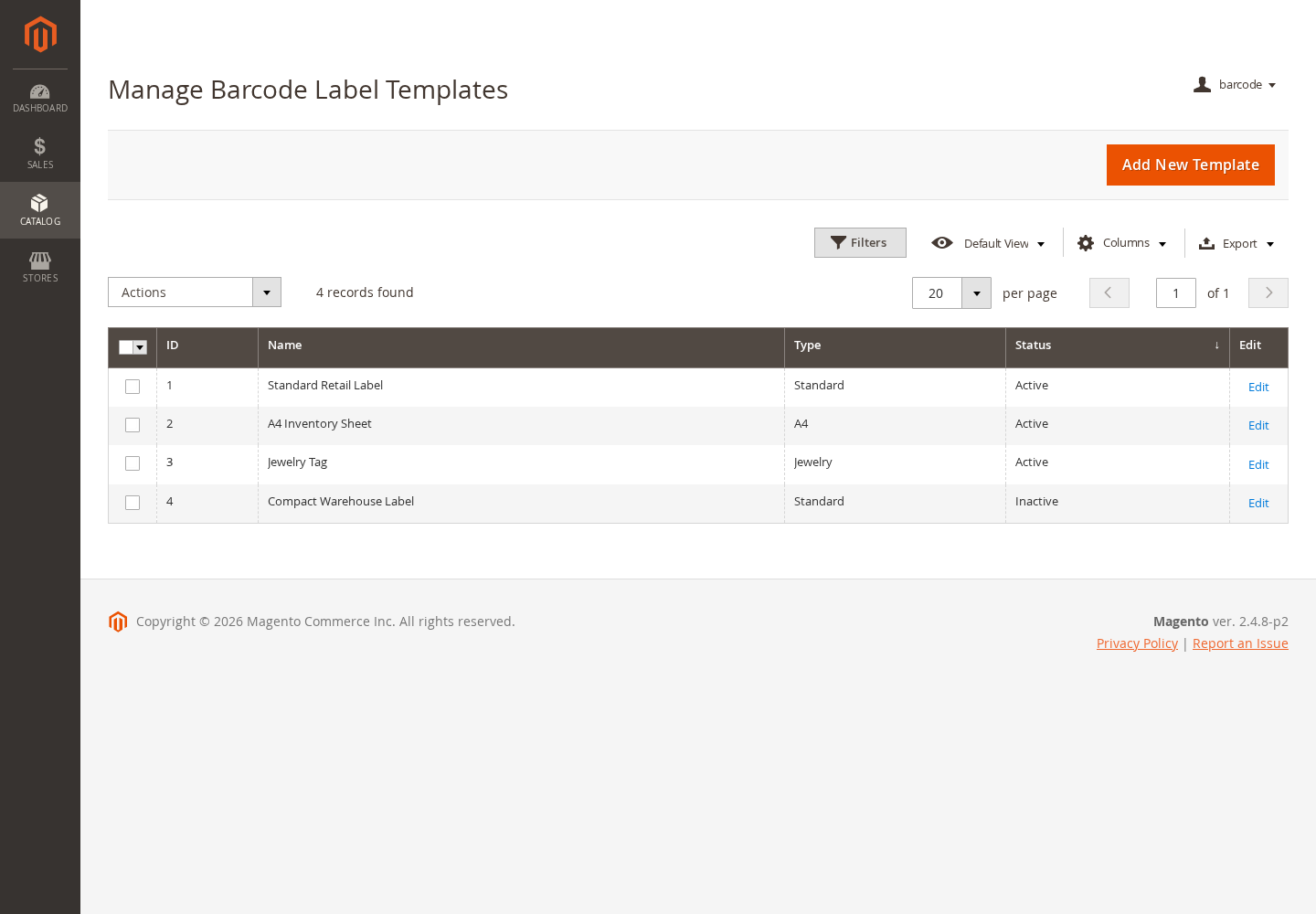 Magento 2 barcode label templates grid