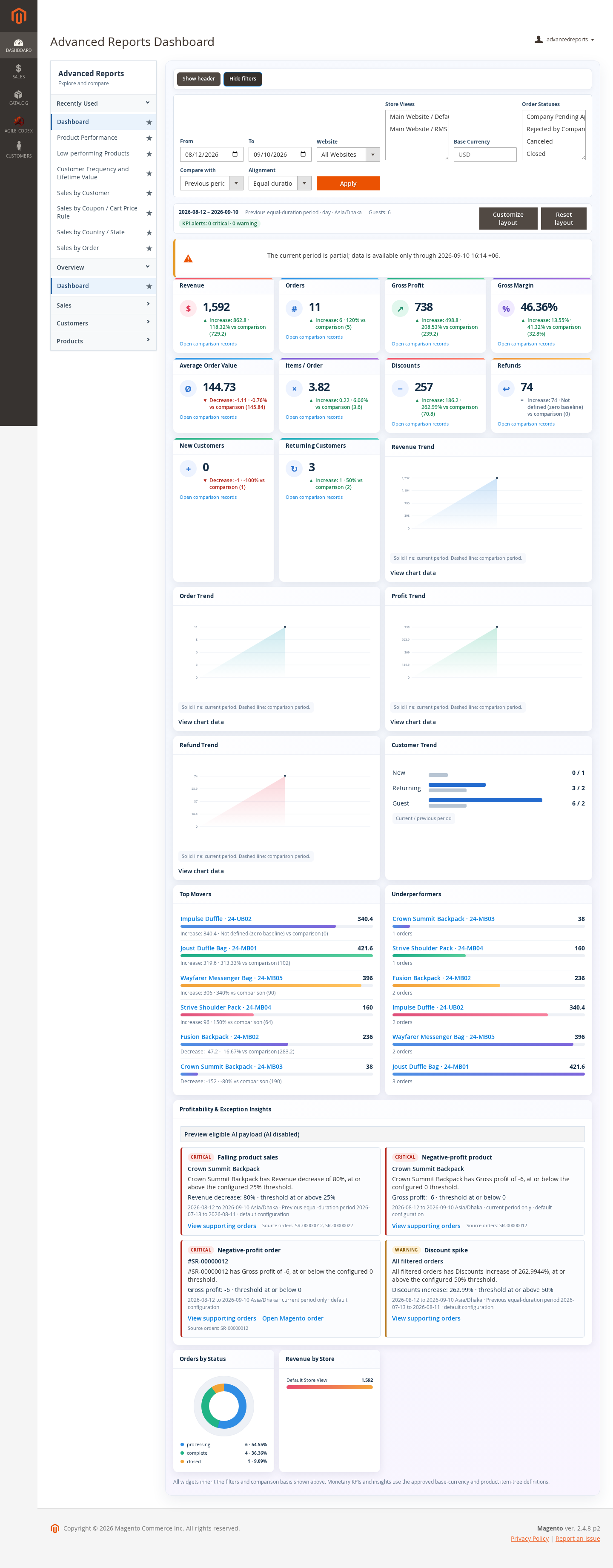 Magento 2 advanced reports dashboard filters