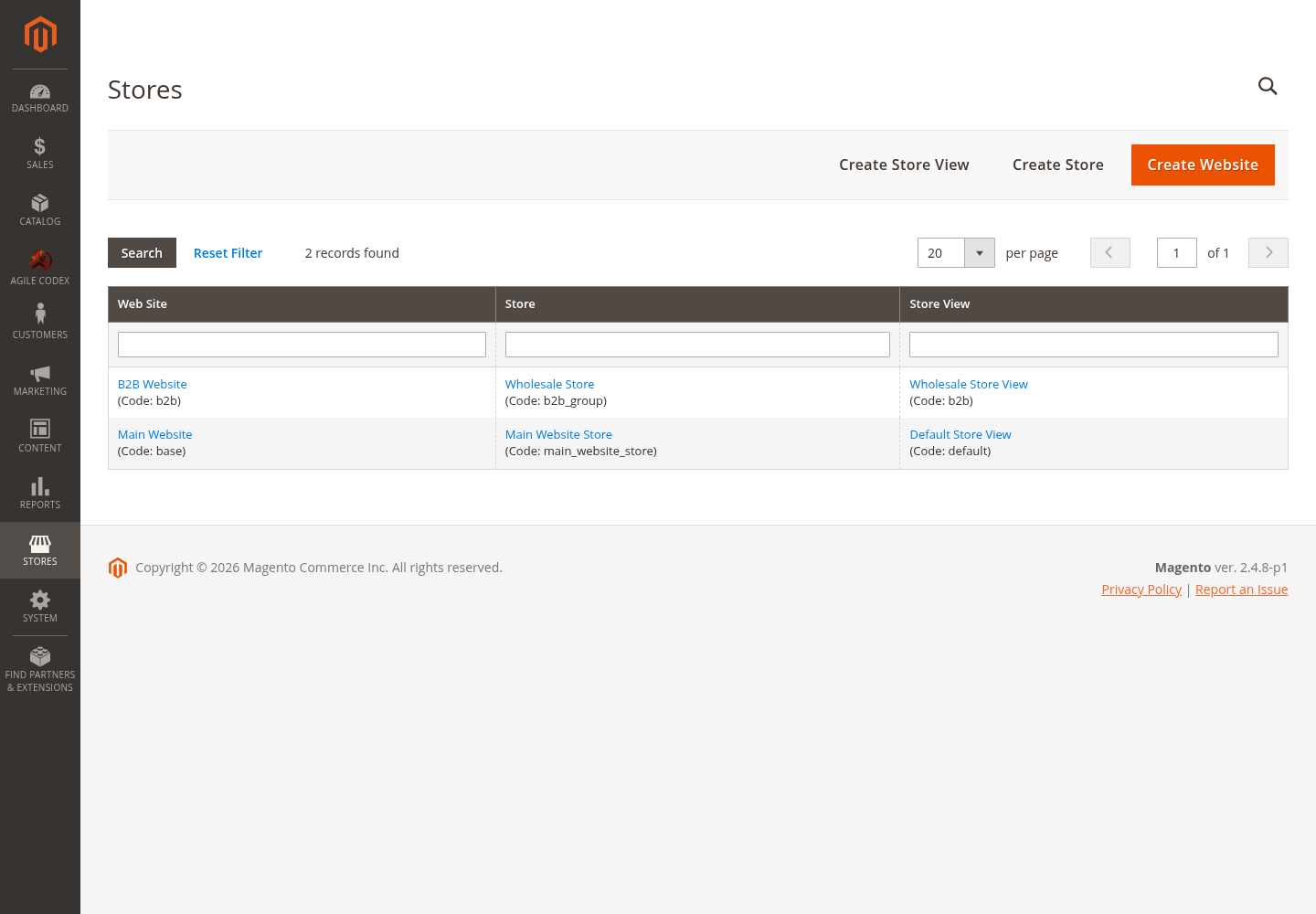 Magento 2 B2B website store group and active store view