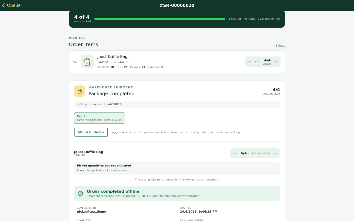 Magento 2 Pick and Pack completed local task while offline
