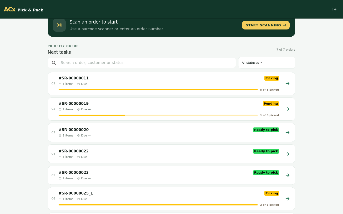 Magento 2 Pick and Pack PWA dashboard