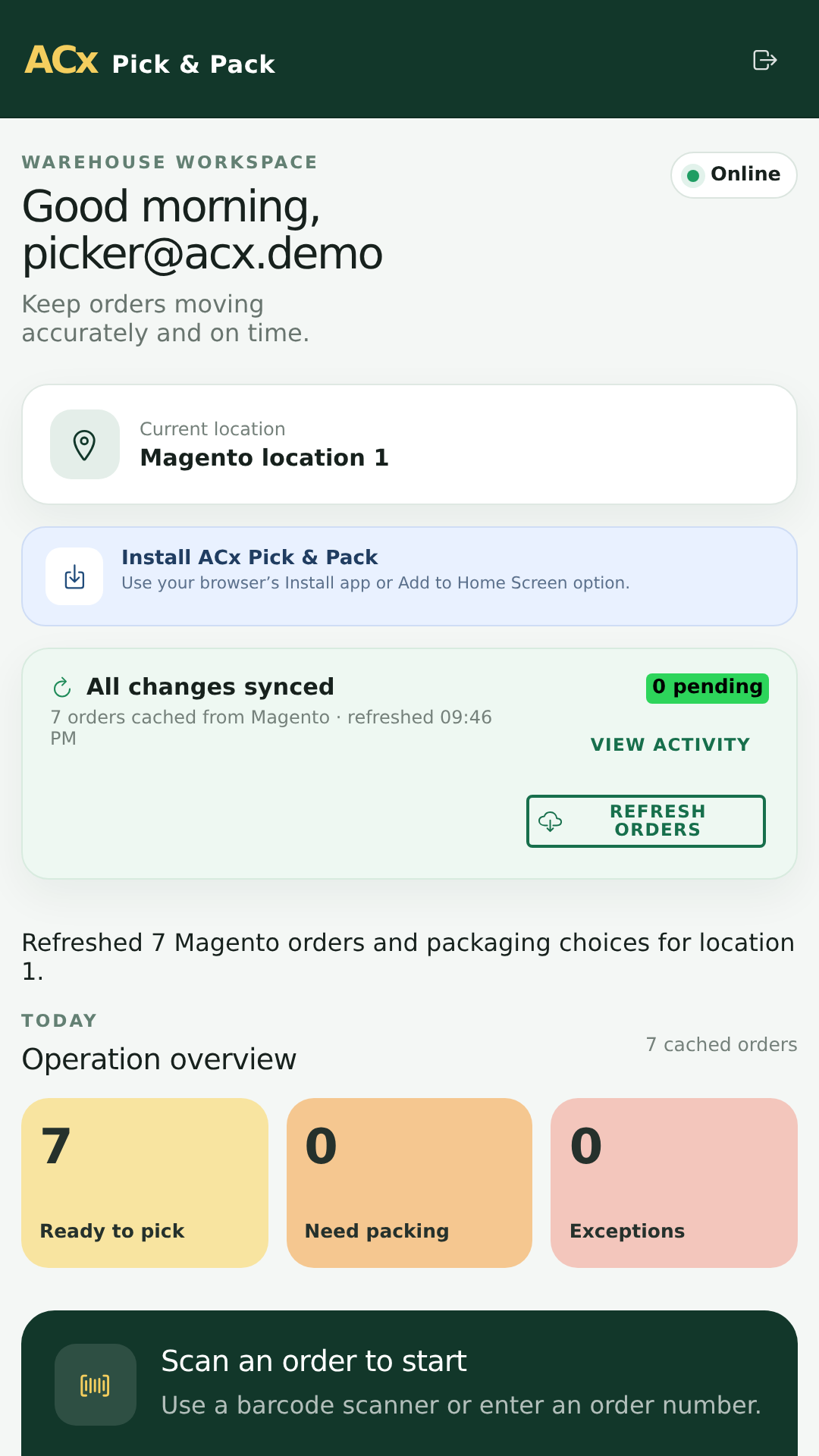 Magento 2 Pick and Pack mobile order queue