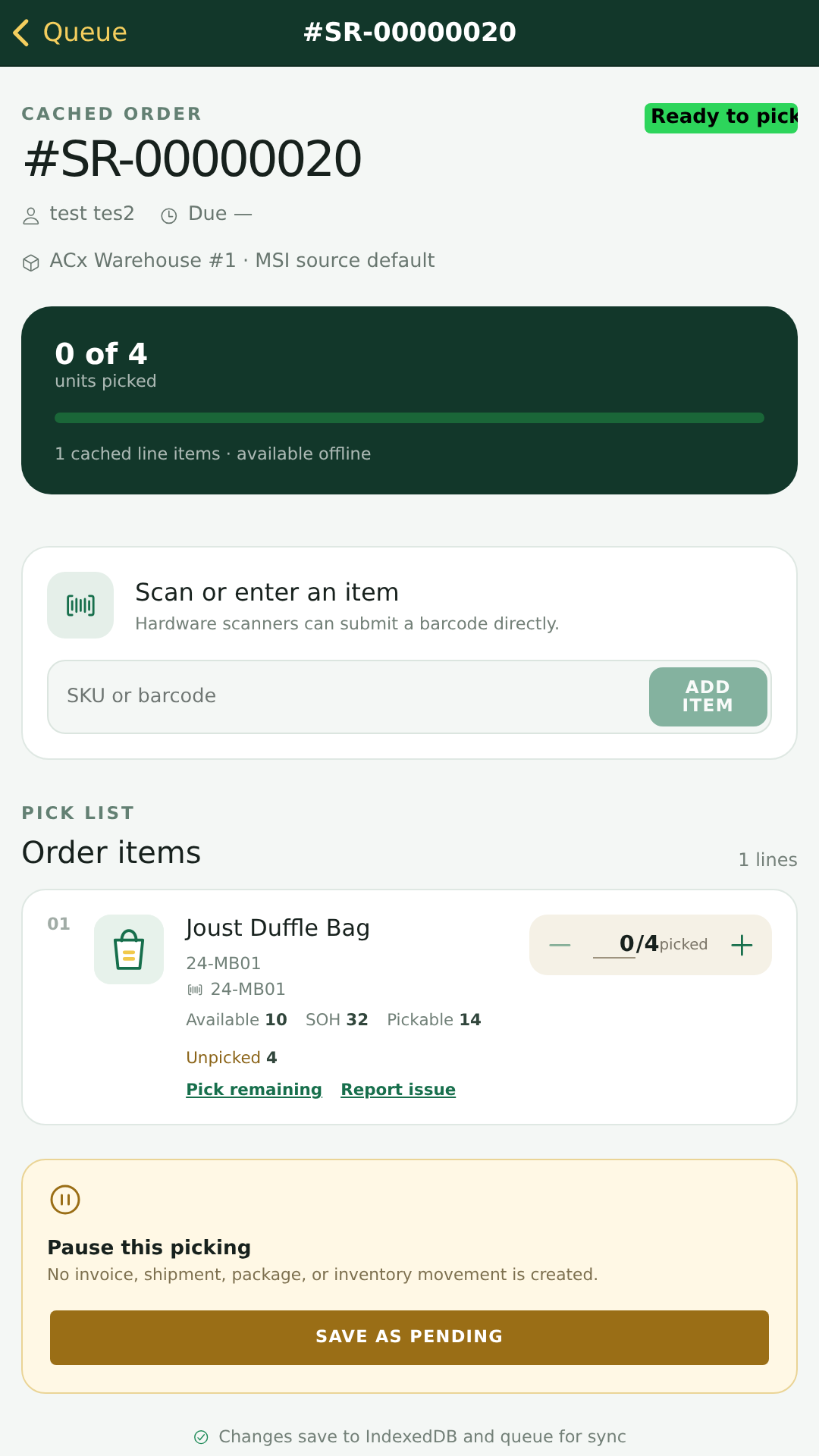 Magento 2 Pick and Pack mobile pick list