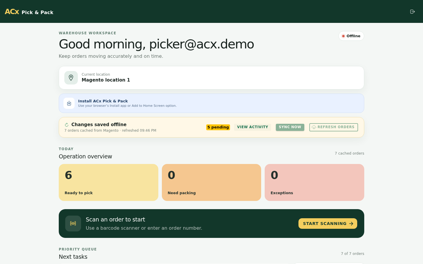 Magento 2 Pick and Pack offline dashboard