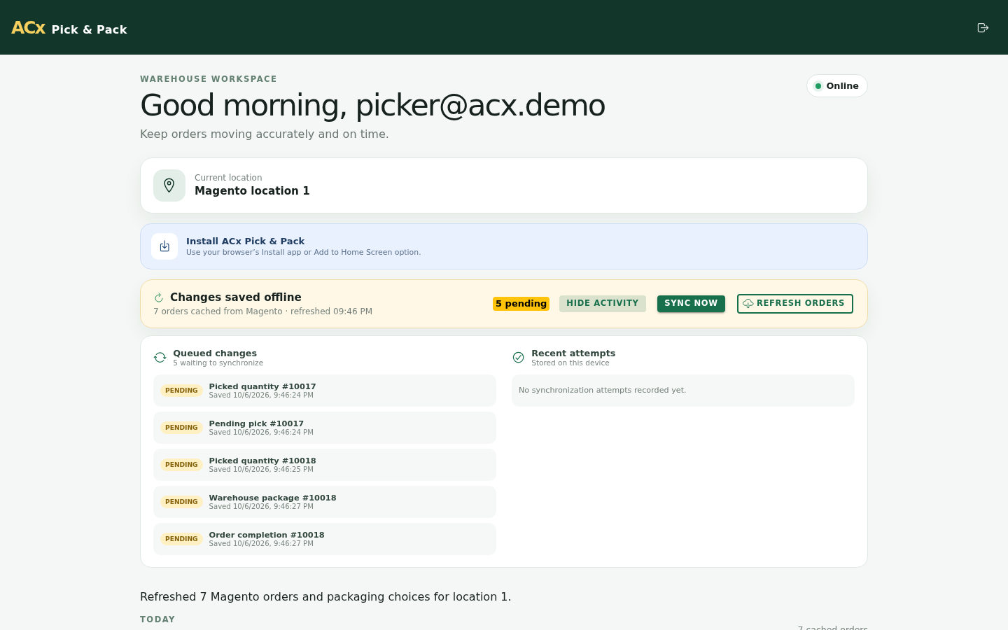 Magento 2 Pick and Pack synchronization activity list