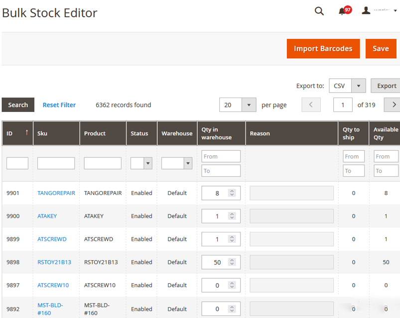 Magento 2 Bulk Stock Edit