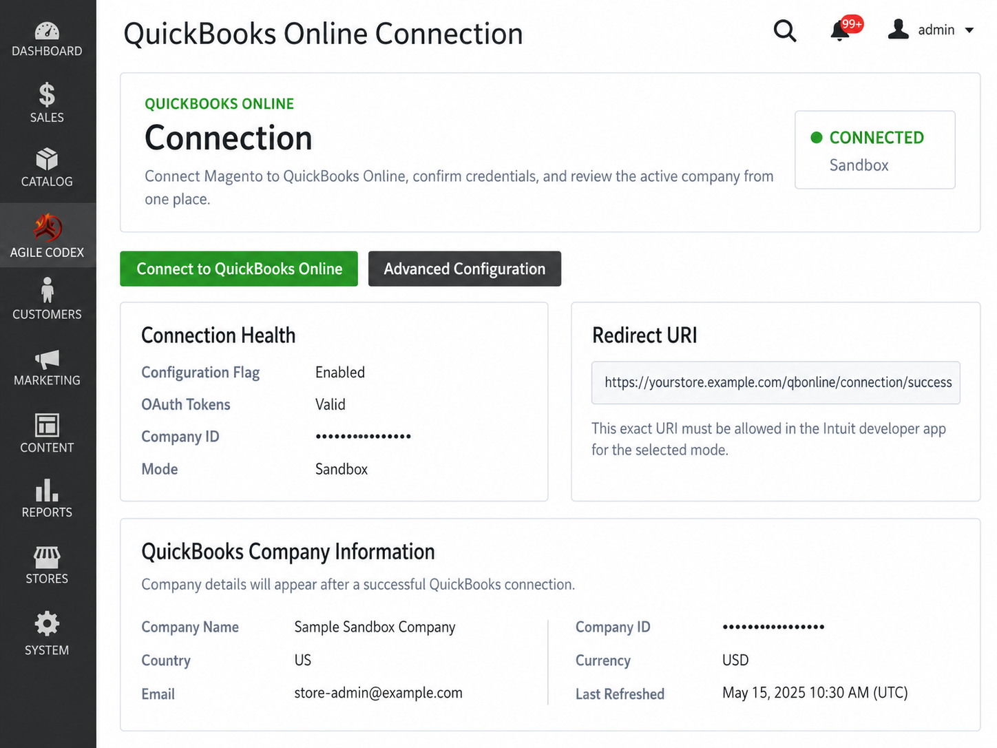 Magento 2 QuickBooks Online Connection Dashboard