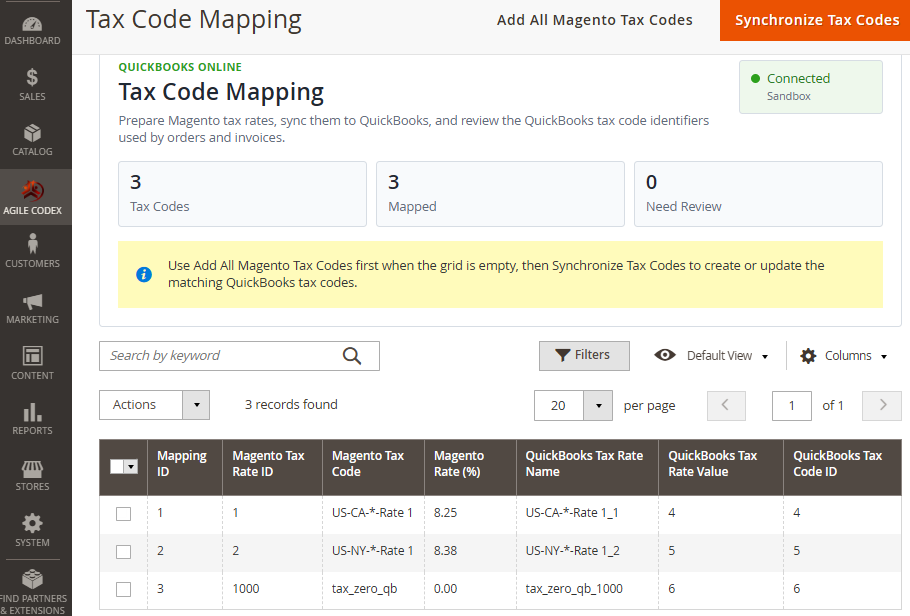 Magento 2 QuickBooks Online Tax Code Mapping