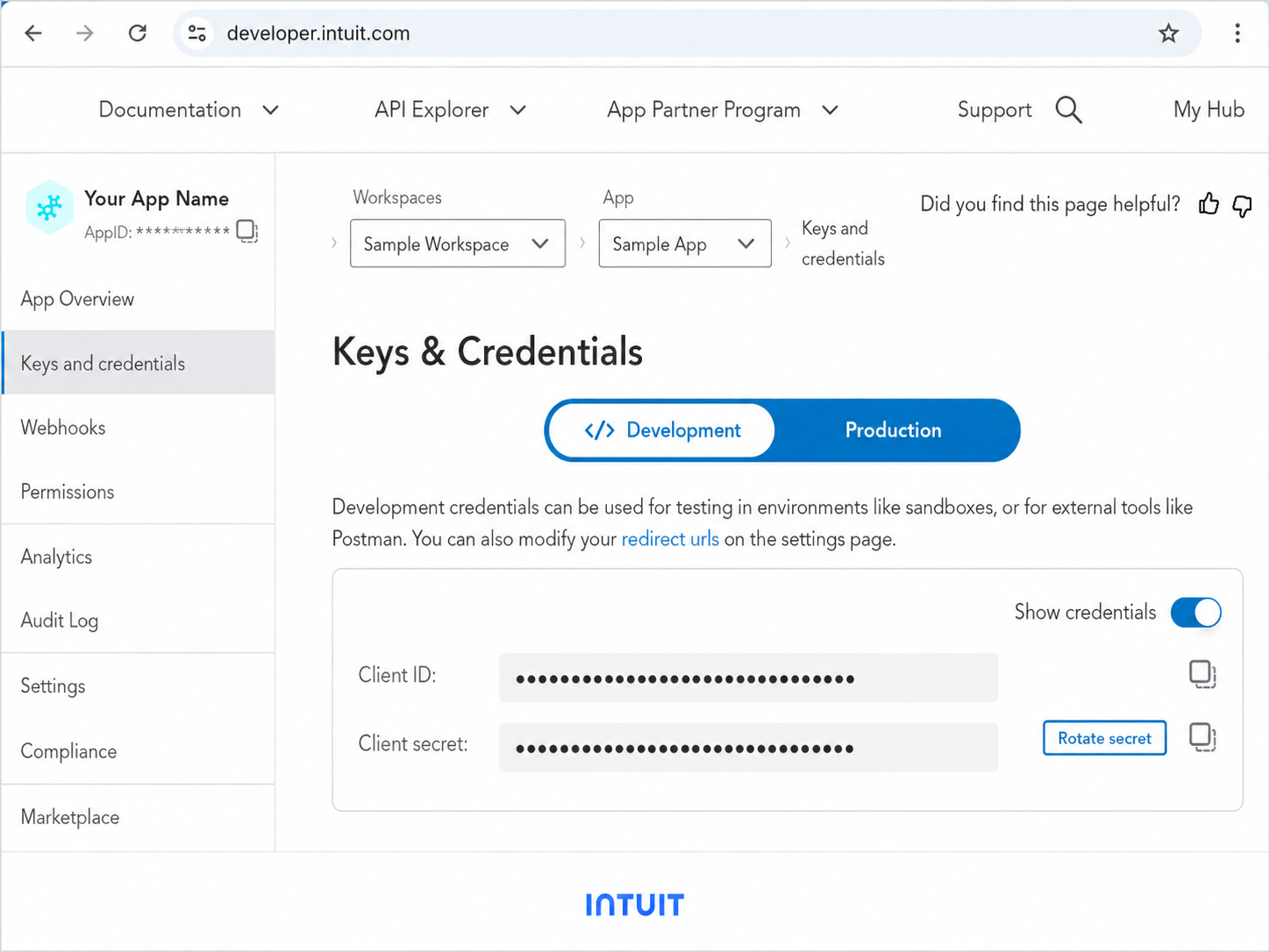 QuickBooks Online Developer App API Keys