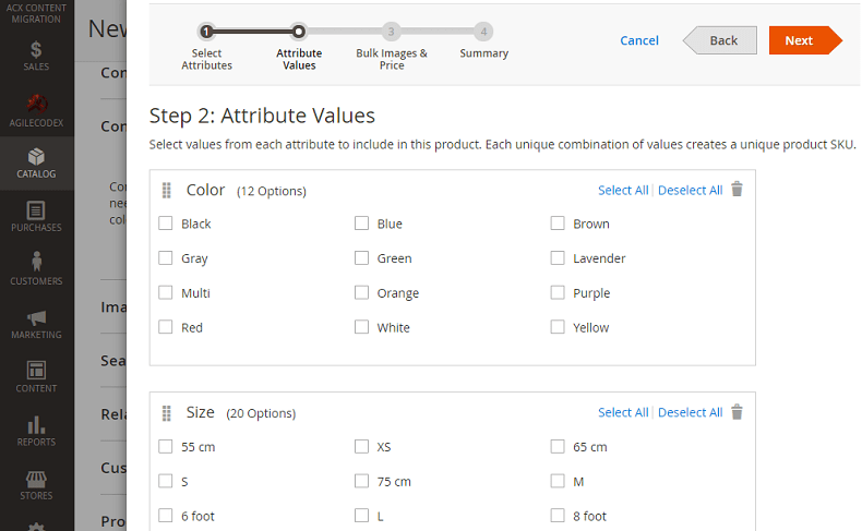 A typical Configurable product in Magento